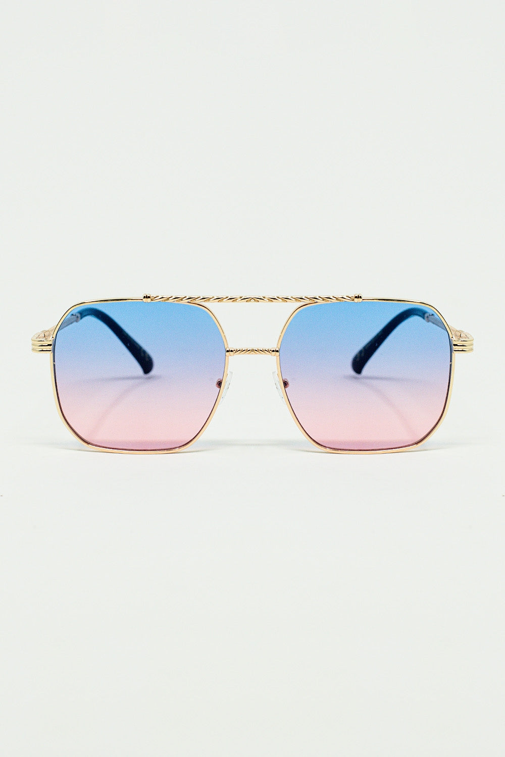 Q2 gold square frame sunglasses in ombre light blue with pink