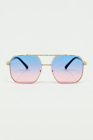 Q2 gold square frame sunglasses in ombre light blue with pink