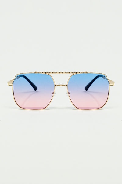 Q2 gold square frame sunglasses in ombre light blue with pink