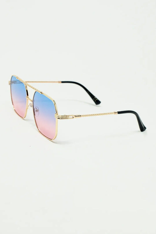 gold square frame sunglasses in ombre light blue with pink - One Size / Pink