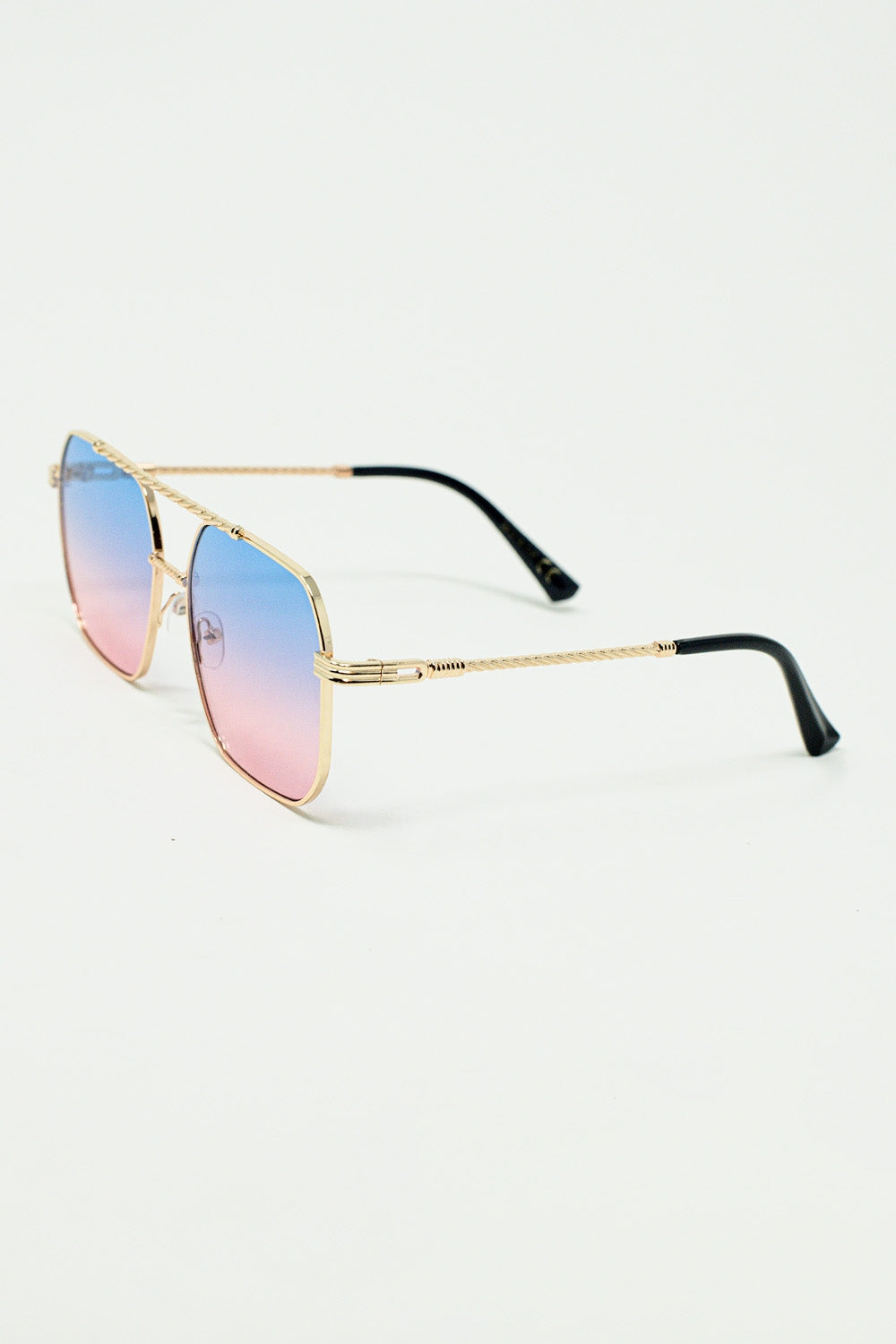 gold square frame sunglasses in ombre light blue with pink