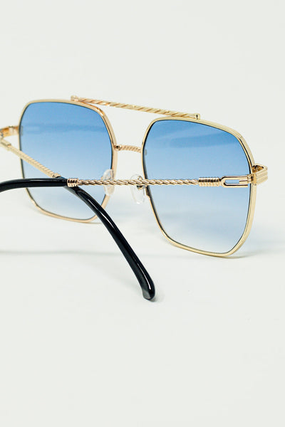 gold square frame sunglasses in ombre light blue