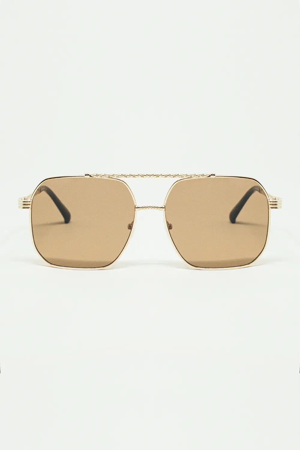 Q2 gold square frame sunglasses with brown lenses