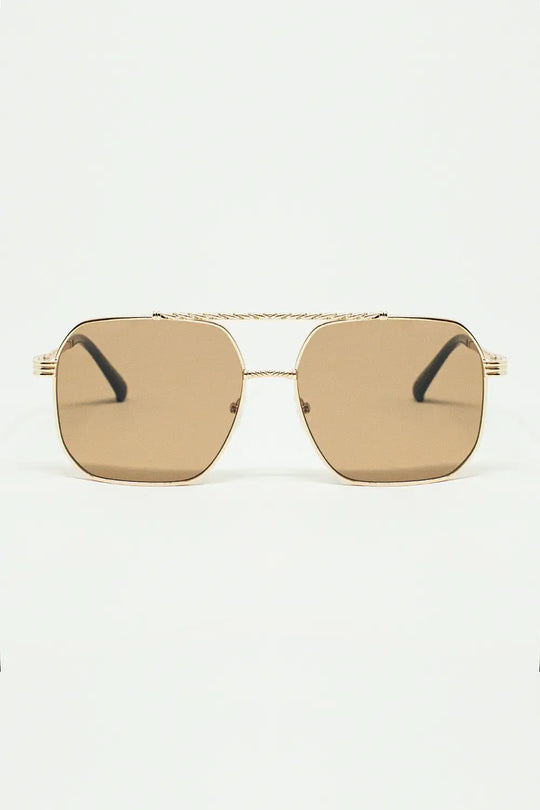 Q2 gold square frame sunglasses with brown lenses