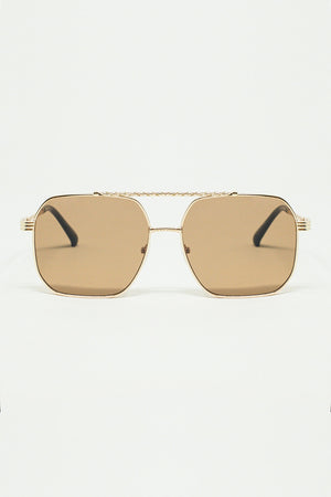 Q2 gold square frame sunglasses with brown lenses