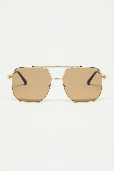 Q2 gold square frame sunglasses with brown lenses