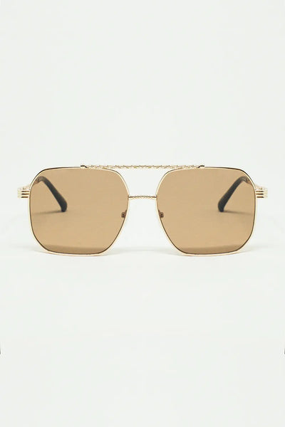 Q2 gold square frame sunglasses with brown lenses
