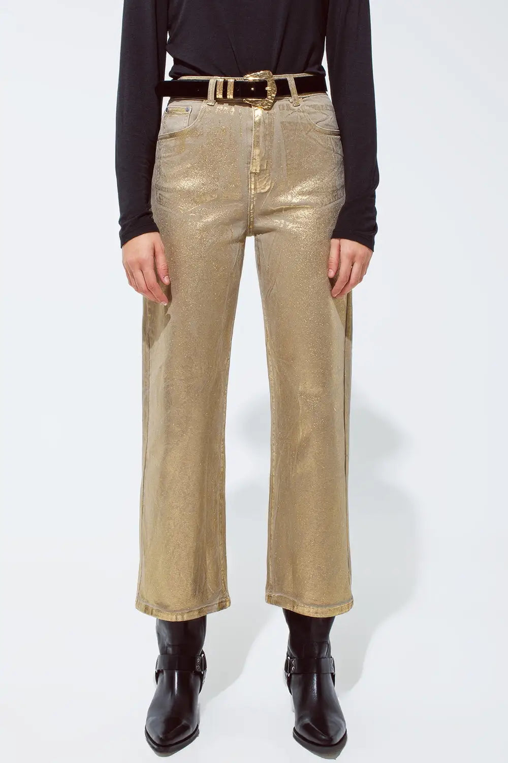 Q2 Gold straight leg jeans with metallic glow