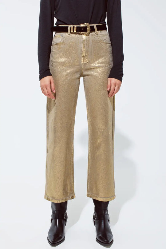 Q2 Gold straight leg jeans with metallic glow