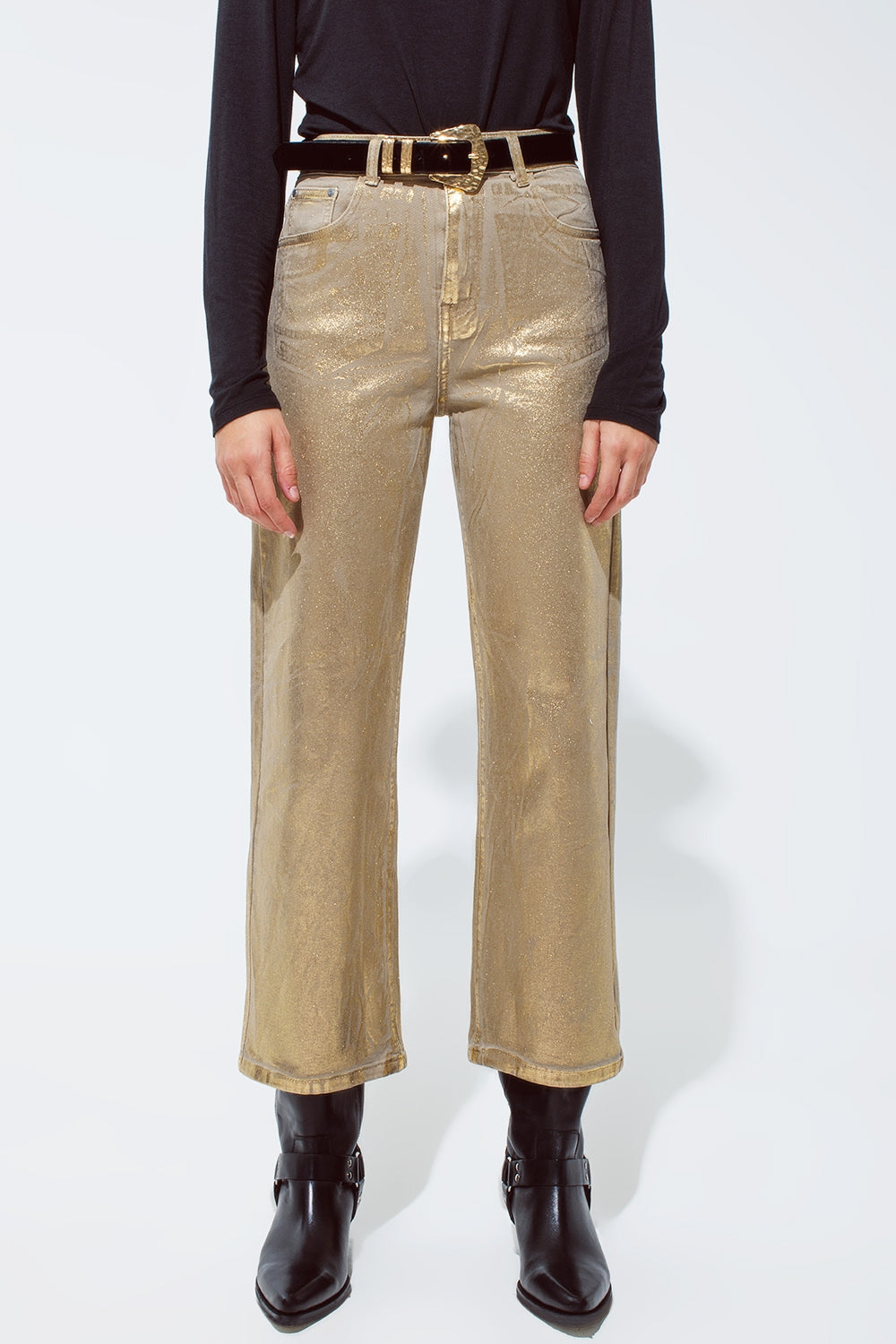 Q2 Gold straight leg jeans with metallic glow