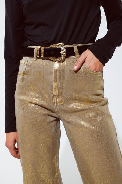 Gold straight leg jeans with metallic glow