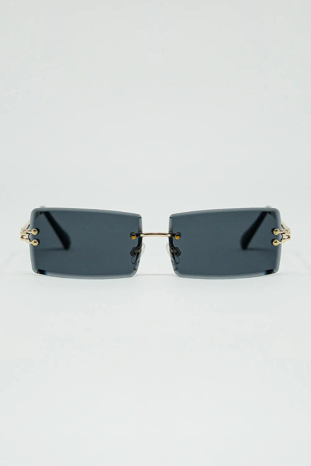 Q2 Gold Thin Rimless Square Sunglasses With Black Lenses
