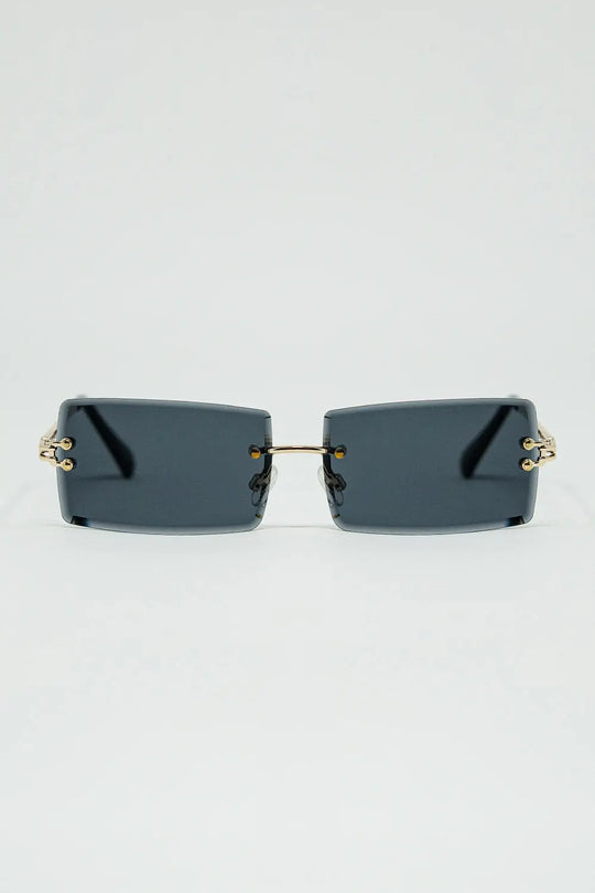 Q2 Gold Thin Rimless Square Sunglasses With Black Lenses