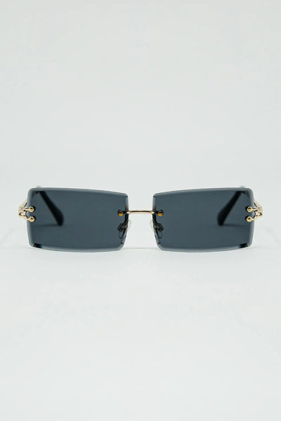 Q2 Gold Thin Rimless Square Sunglasses With Black Lenses