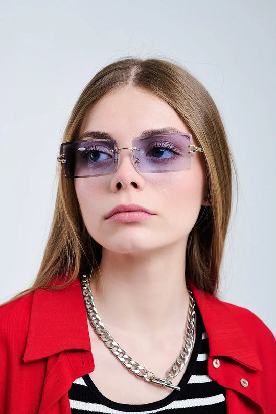 Q2 Gold Thin Rimless Square Sunglasses with Purple Lenses