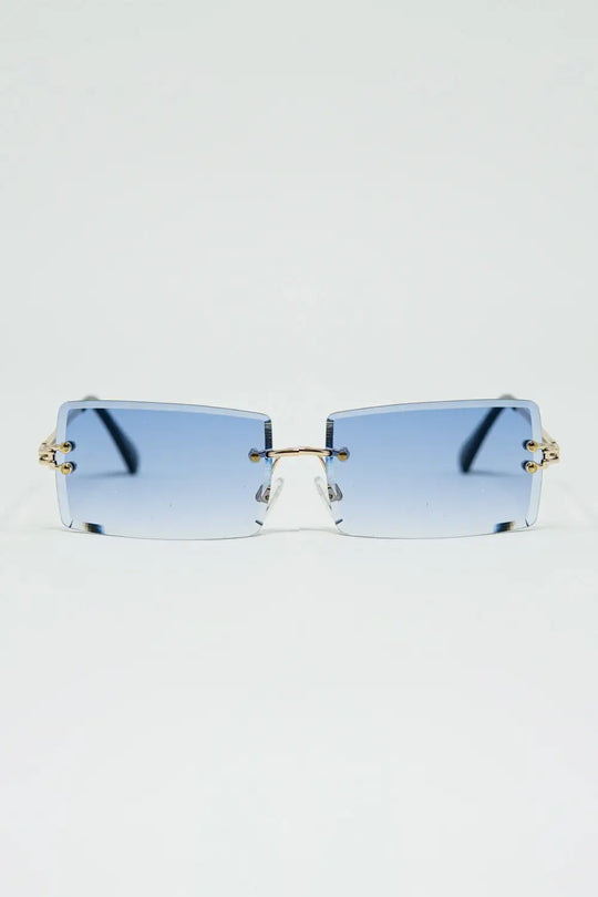 Gold Thin Rimless Square Sunglasses with Purple Lenses - One Size / Blue