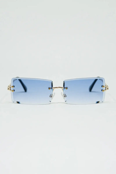 Gold Thin Rimless Square Sunglasses with Purple Lenses - One Size / Blue