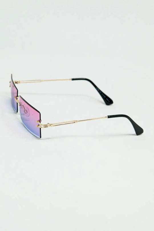 Gold Thin Rimless Square Sunglasses with Purple to Pink Gradient Lenses - One Size / Purple