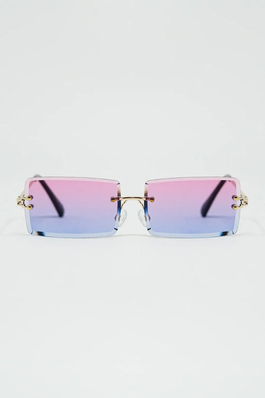 Gold Thin Rimless Square Sunglasses with Purple to Pink Gradient Lenses - One Size / Purple