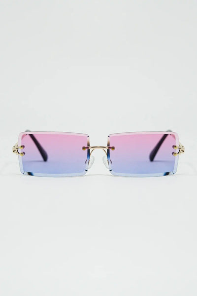 Gold Thin Rimless Square Sunglasses with Purple to Pink Gradient Lenses - One Size / Purple