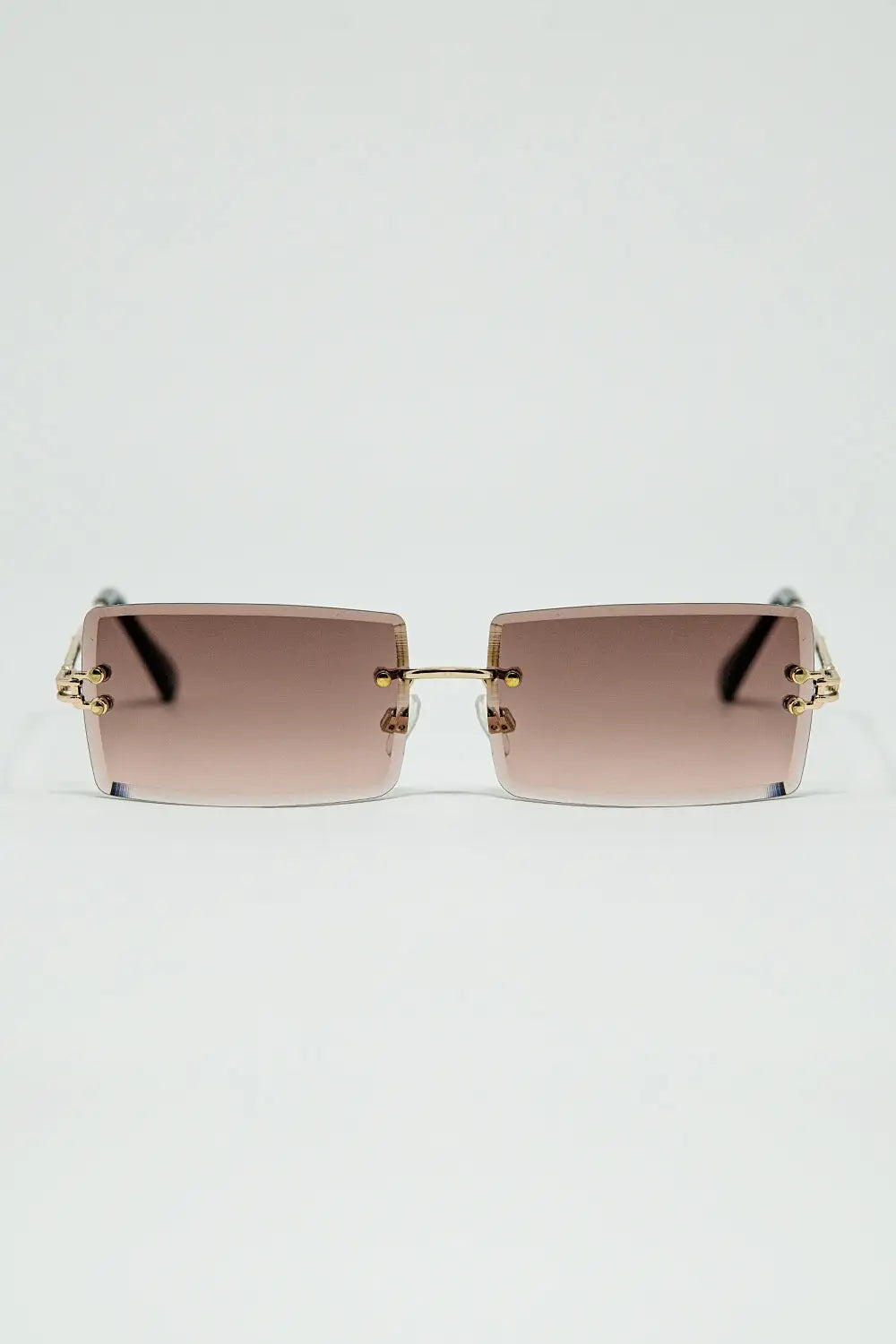 Q2 Gold Thin Rimless Square Sunglasses with Soft Brown Gradient Lenses