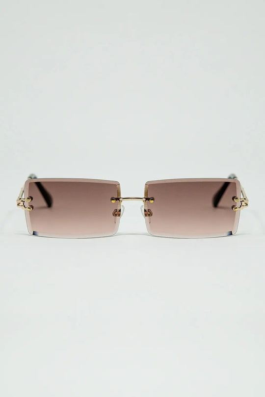 Q2 Gold Thin Rimless Square Sunglasses with Soft Brown Gradient Lenses