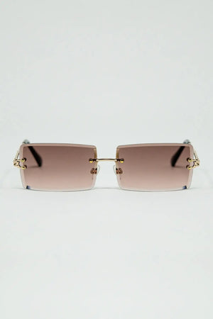 Q2 Gold Thin Rimless Square Sunglasses with Soft Brown Gradient Lenses