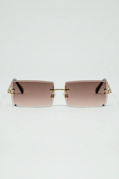 Q2 Gold Thin Rimless Square Sunglasses with Soft Brown Gradient Lenses