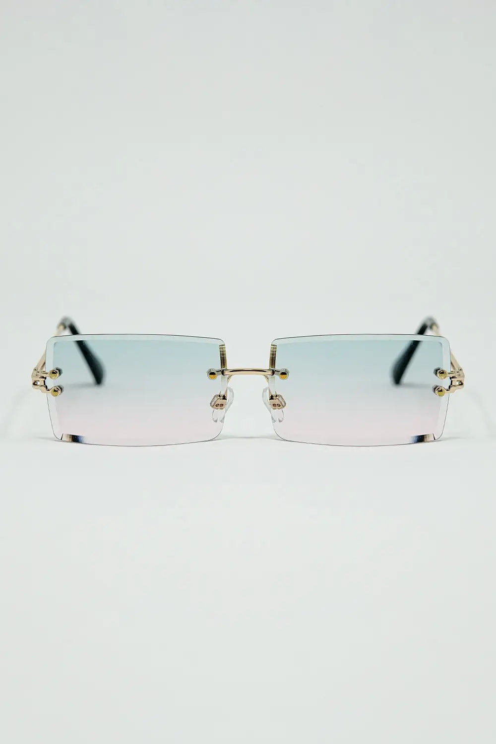 Q2 Gold Thin Rimless Square Sunglasses with Turquoise and Pink Gradient Lenses
