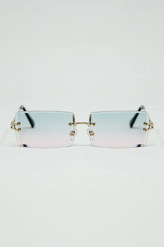 Q2 Gold Thin Rimless Square Sunglasses with Turquoise and Pink Gradient Lenses