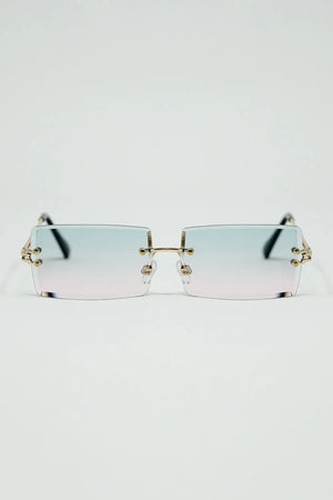 Q2 Gold Thin Rimless Square Sunglasses with Turquoise and Pink Gradient Lenses