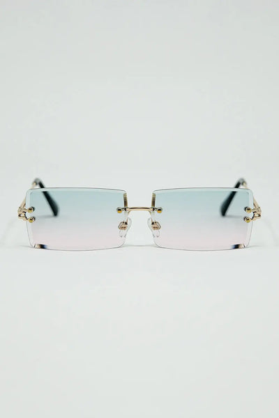 Q2 Gold Thin Rimless Square Sunglasses with Turquoise and Pink Gradient Lenses