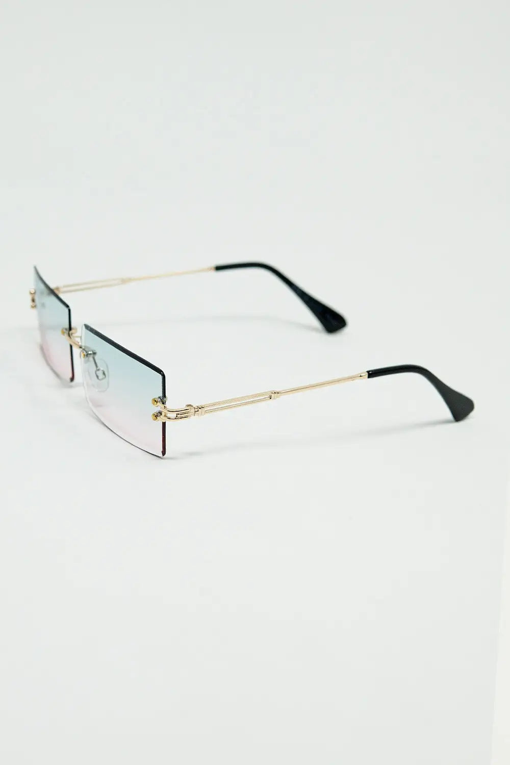 Gold Thin Rimless Square Sunglasses with Turquoise and Pink Gradient Lenses - One Size / White