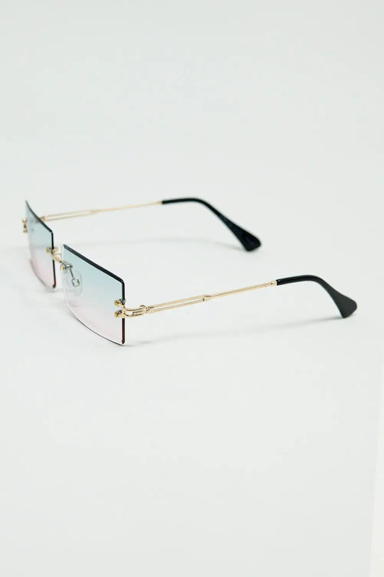 Gold Thin Rimless Square Sunglasses with Turquoise and Pink Gradient Lenses - One Size / White