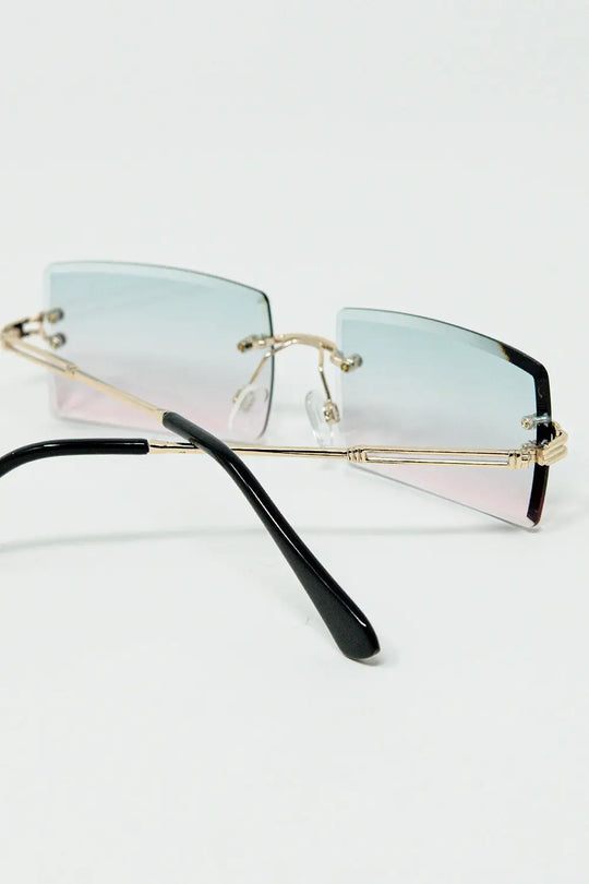 Gold Thin Rimless Square Sunglasses with Turquoise and Pink Gradient Lenses - One Size / White