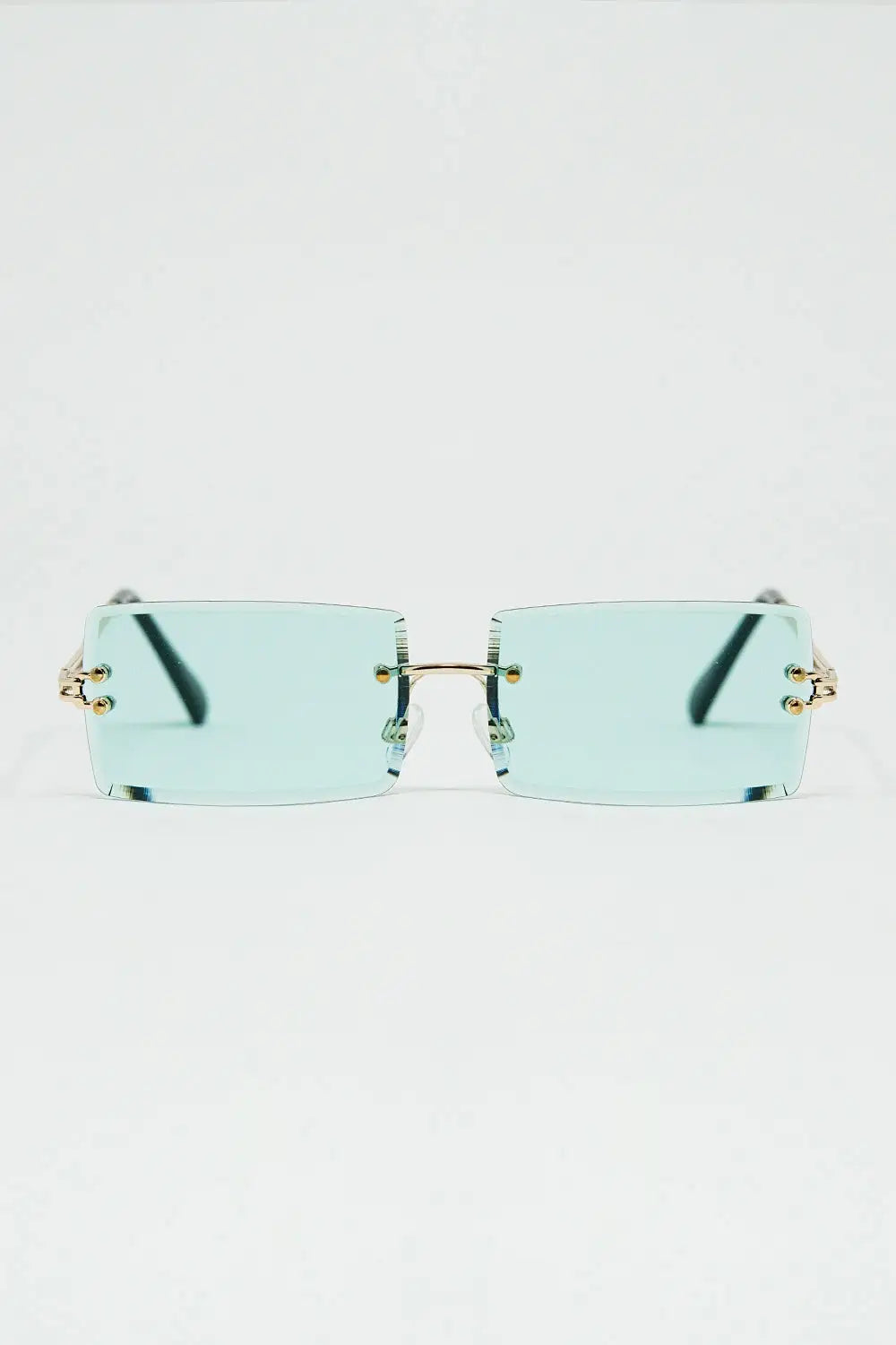 Q2 Gold Thin Rimless Square Sunglasses with Turquoise Lenses