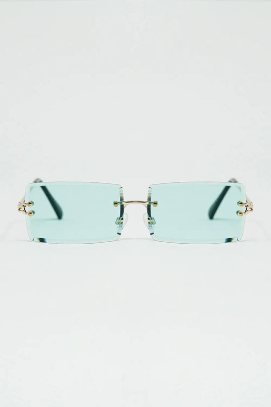 Q2 Gold Thin Rimless Square Sunglasses with Turquoise Lenses