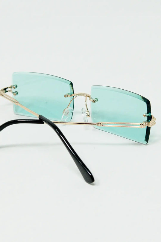 Gold Thin Rimless Square Sunglasses with Turquoise Lenses - One Size / Green