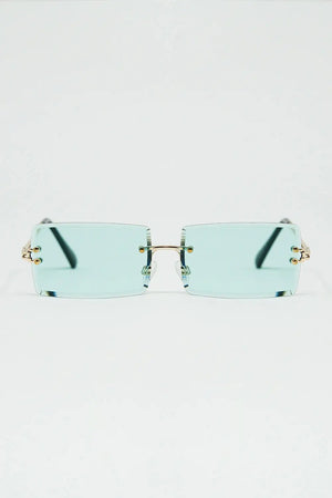 Q2 Gold Thin Rimless Square Sunglasses with Turquoise Lenses