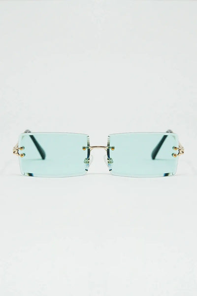 Q2 Gold Thin Rimless Square Sunglasses with Turquoise Lenses
