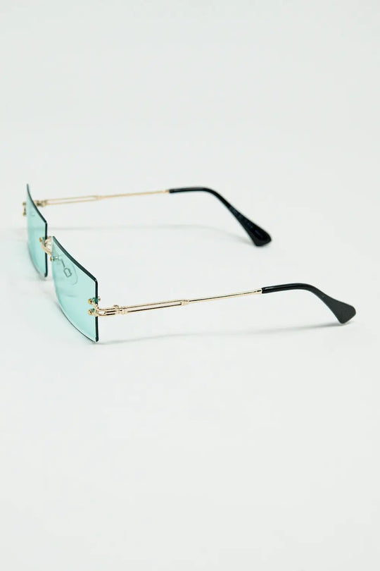 Gold Thin Rimless Square Sunglasses with Turquoise Lenses - One Size / Green