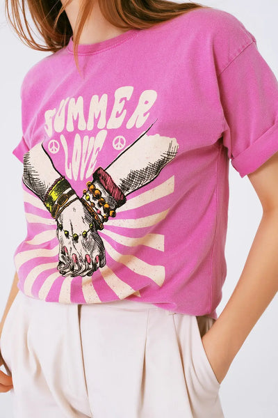 Graphic T-shirt With Text Summer Love in Pink - One Size / Pink - Tops