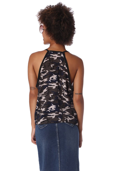 Gray camo print dip hem top