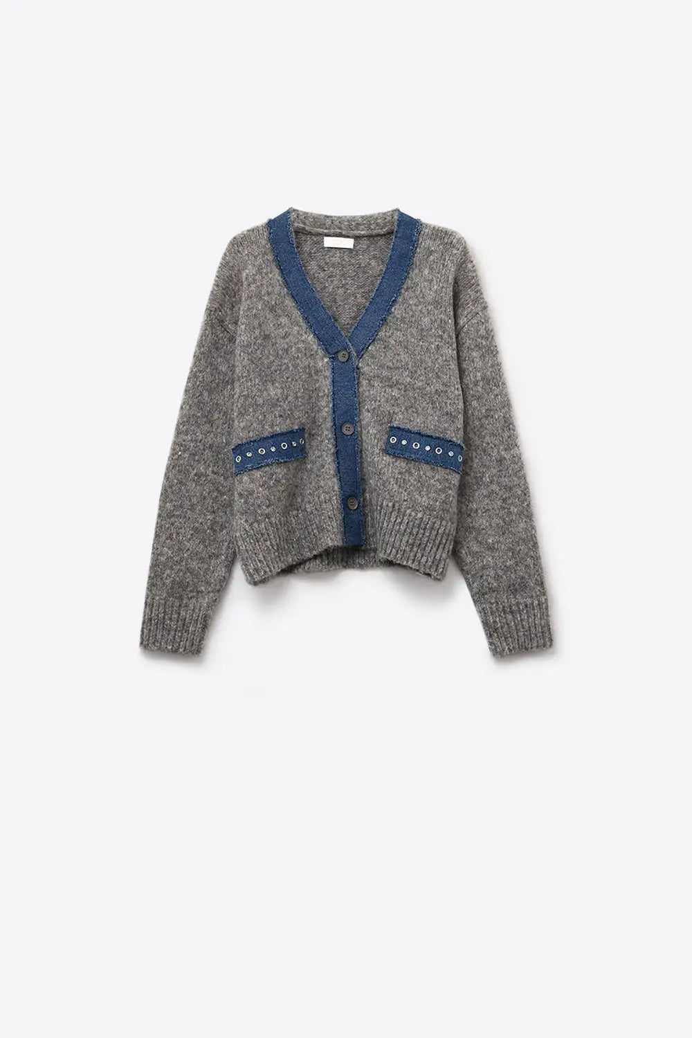 Q2 gray cardigan with denim fabric details