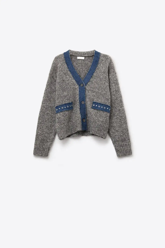 Q2 gray cardigan with denim fabric details