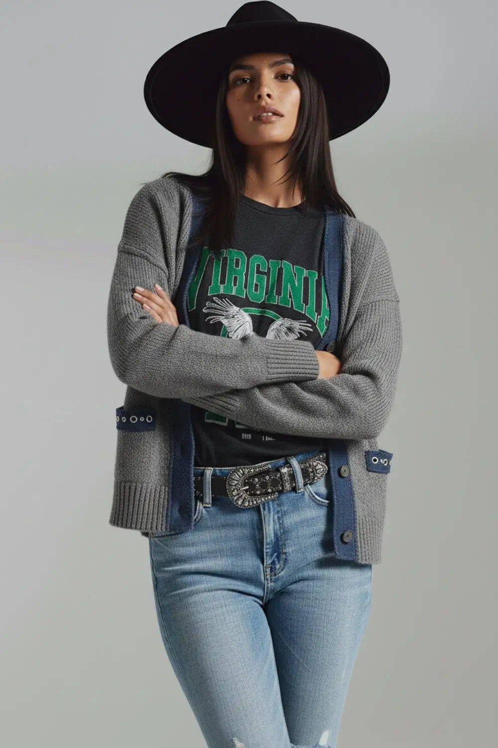 gray cardigan with denim fabric details - One Size / Grey