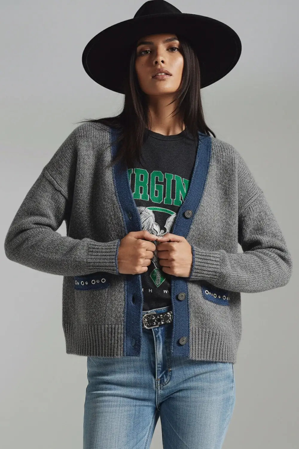 gray cardigan with denim fabric details - One Size / Grey