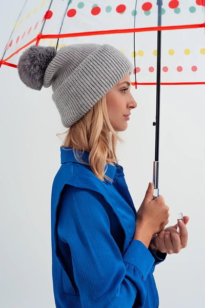 Gray knitted hat with pompom - One Size / Grey
