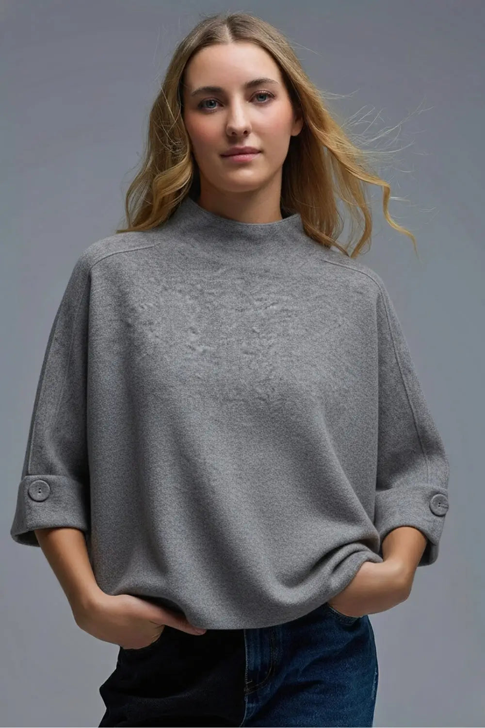 Gray Knitted Sweater with Button Details - One Size / Grey