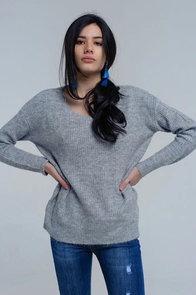 Gray knitted sweater with tie-back closure - Sweaters